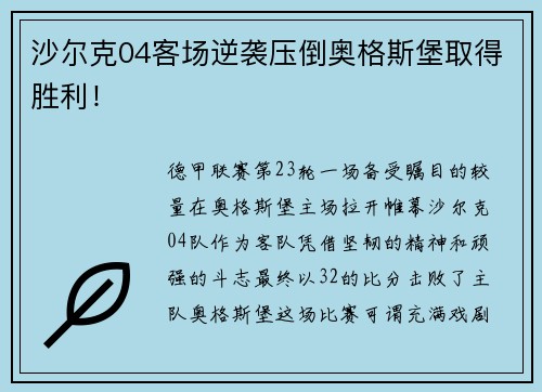 沙尔克04客场逆袭压倒奥格斯堡取得胜利！